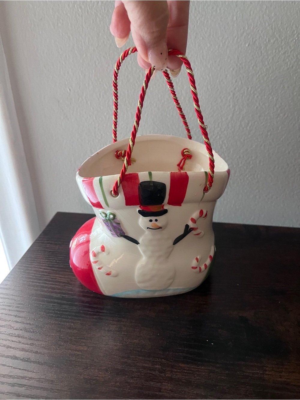 Holiday Snowman Boot Ceramic Treat Holder - Red and White